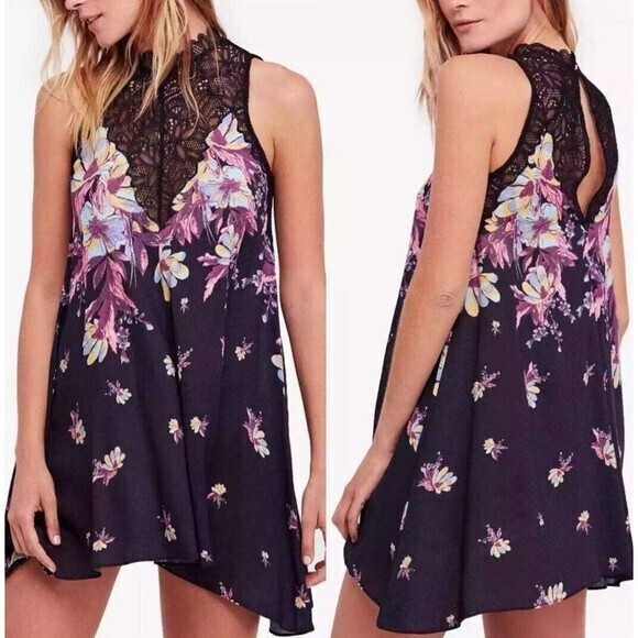 Free People Slip tunic mini Dress Size XS Floral‎ Spring Summer knit black pink - Picture 2 of 11